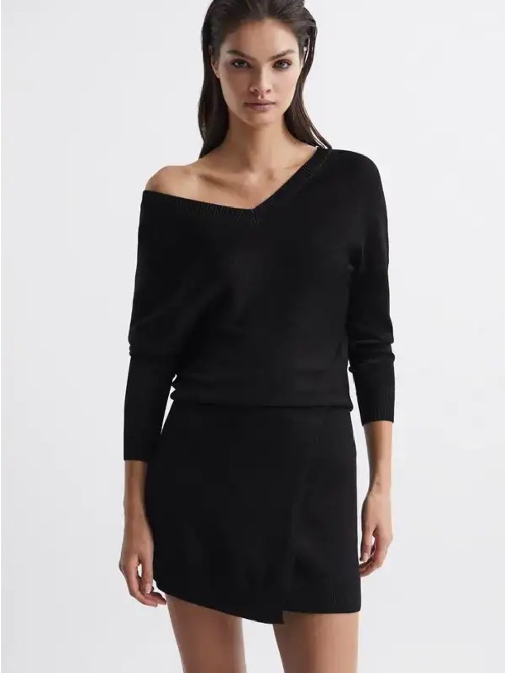 Reiss Black Off-the-Shoulder Ribbed Sweater Dress